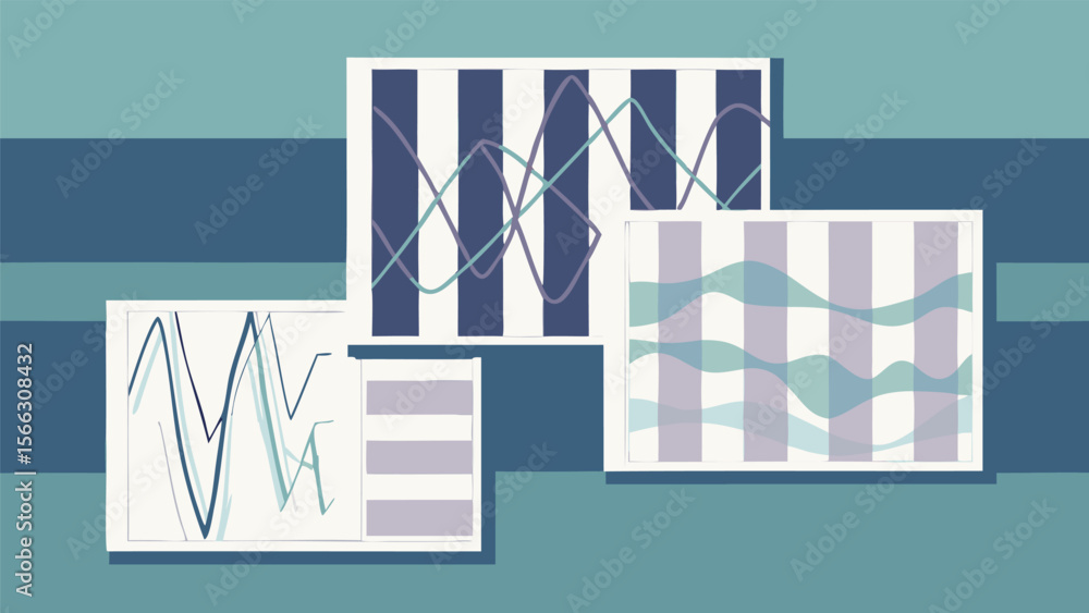 Poster abstract depiction of data charts with lines and bars on a teal and dark blue background