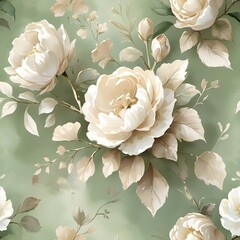 Vintage floral pattern, pastel green background, soft colors, white flowers and beige leaves, watercolor style, seamless wallpaper design Generative AI 