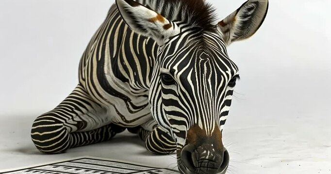 Zebra lying down on white background, playful pose