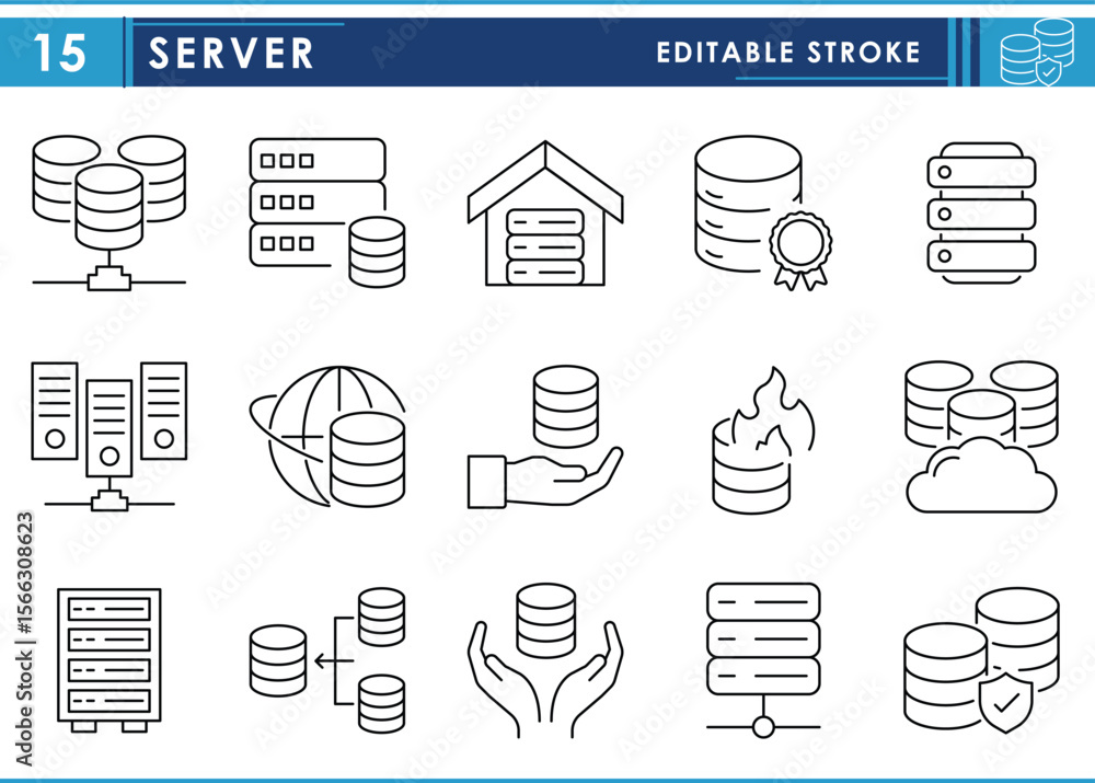 Poster a set of line icons related to server. connect, network, database, and so on. vector editable stroke