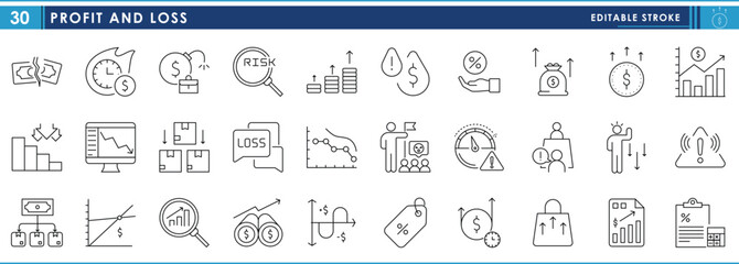A set of line icons related to Profit and Loss. Profit, loss, risk, growth, downfall, deadline, inflation, price, value, and so on. Vector editable stroke.