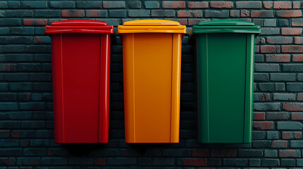 Naklejka premium Three colorful trash bins in red, orange, and green are placed against a brick wall, symbolizing waste segregation and recycling.