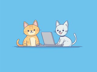 Two Cute Cartoon Cats Working on a Laptop Together on a Blue Background
