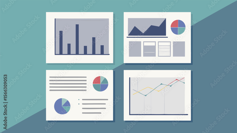 Poster four framed data visualizations including bar charts line graphs and pie charts arranged on a blue w