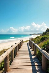 Sun-Drenched Rustic Boardwalk Winding Along a Pristine Sandy Beach, Leading to Tranquil Ocean Waves ? Perfect for Summer Vacation and Travel Themes