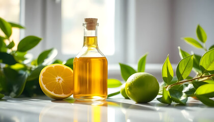 Isolated glass bottle of fresh organic olive oil with green olives and leaves