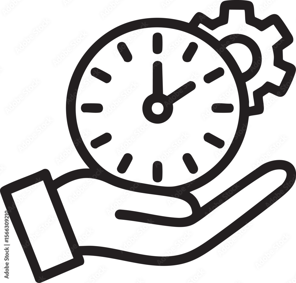 Poster hand holding clock with gear icon representing time management productivity efficiency scheduling pl