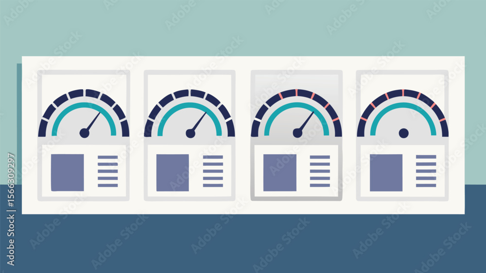 Poster four dashboard panels displaying gauges and data indicators in a white frame on a blue background