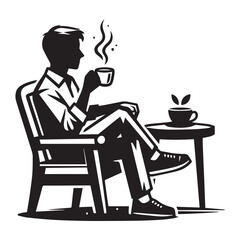 black and white vector of people sitting and drinking a cup of coffee
