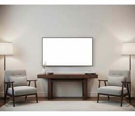 Tv Screen On A Console Between Twin Chairs In A Symmetrical Room