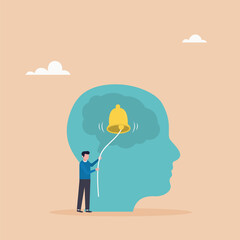 Reminder: Don't forget important information. Reminder concept. The bell is in the head, the character is pulling it. Vector illustration.	