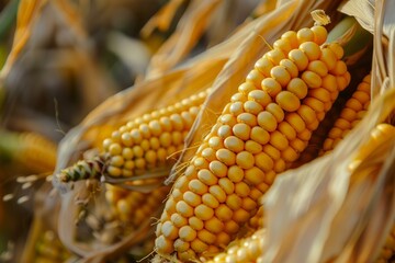 Close up of golden corn cobs ripening on the stalks, ready for harvest