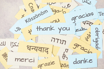 Thank you, word thanks in different languages, being thankful, support, help and charity concept,...