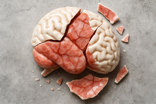 Brain model human broken damaged shattered fractured cracked piece symbol. Represents mental health stress breakdown