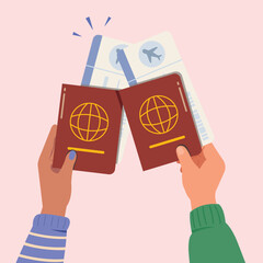 Hand holding passport and ticket for travel or trip. Vector Illustration of travel around the world.