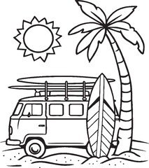 Retro Surf Van with Palm Tree and Sunshine &ndash; Black and White Line Drawing for Coloring or Decor