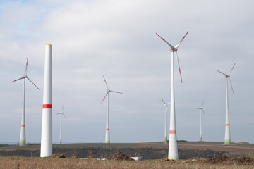 Construction site for wind turbine park, transformation to renewable sustainable energy with...