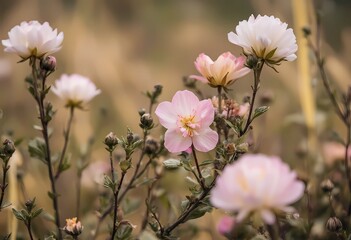Fototapeta premium Delicate Pink and White Wildflowers in a Soft Focus Field