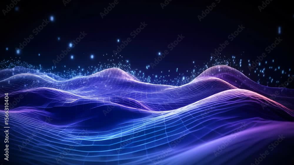 Poster futuristic flowing digital waves with sparkling light particles on a deep blue background, 3d graphi