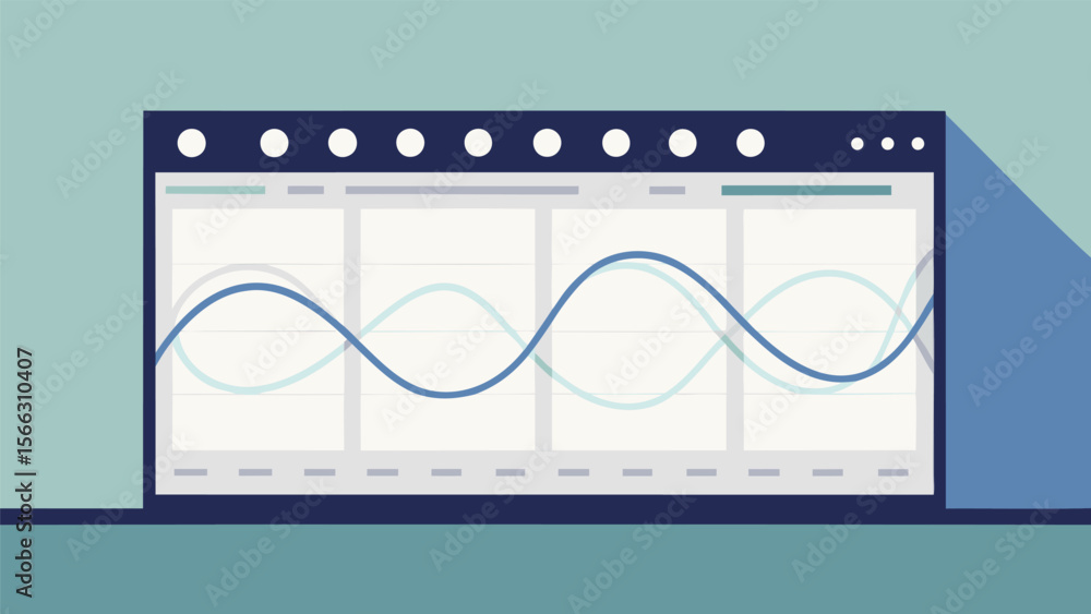 Poster illustration of a dashboard with wavy lines displayed on a teal and blue background design view