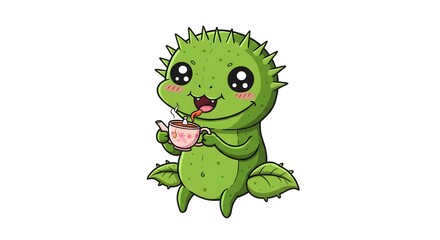 Cute Spiky Creature Enjoying Tea Illustration