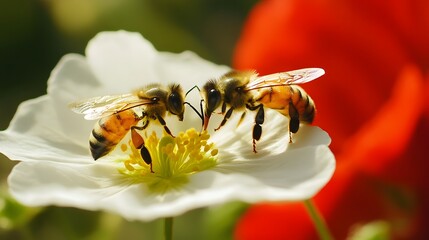 Naklejka premium Two Honey Bees on White Flower Closeup Macro Shot