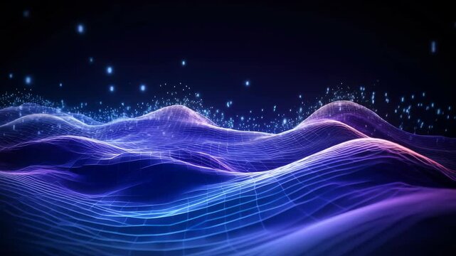 Futuristic Flowing Digital Waves with Sparkling Light Particles on a Deep Blue Background, 3d graphics