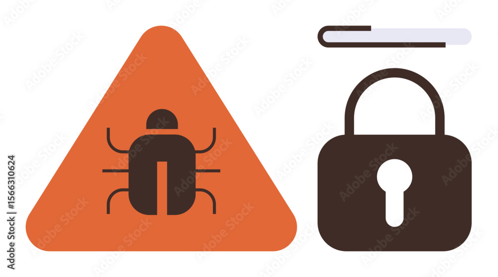 Poster bug in orange warning triangle beside secure padlock with keyhole, emphasizing cybersecurity issues 