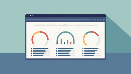 Illustration of a dashboard interface with circular charts and horizontal bar graphs displayed