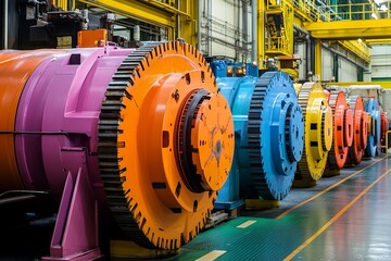 Colorful industrial machinery lineup in modern factory showcasing vibrant engineering and precision technology