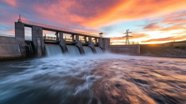 Powerful Hydroelectric Dam Releasing Water Beneath a Dramatic and Colorful Evening Sky, modern innovative solutions