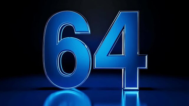 Shiny number sixty-four in a futuristic font illuminated with blue light over a reflective dark surface against a gradient black background.