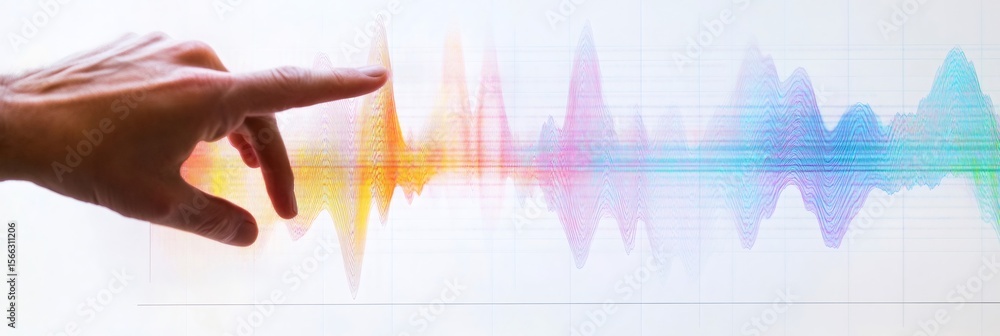 Poster geologist pointing at colorful seismic waves displayed on an interactive touch screen, studying geol