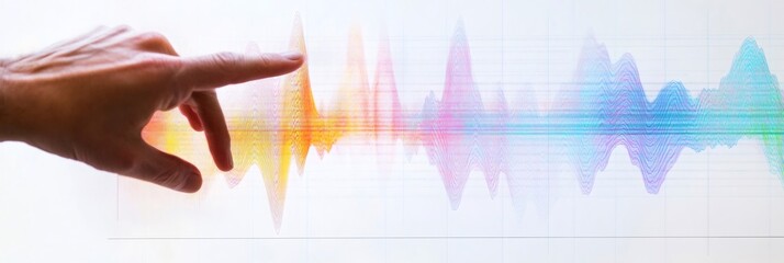 Geologist pointing at colorful seismic waves displayed on an interactive touch screen, studying geological data for earthquake prediction and analysis