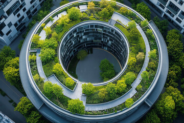Futuristic eco-friendly circular building with lush green rooftop garden and sustainable design in modern urban cityscape