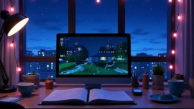 Lofi aesthetic study room at night, cozy workspace with computer monitor and fairy lights, chill anime style desk setup for streaming and focus