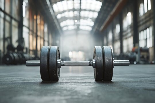 Heavy metal dumbbell on gym floor with industrial atmosphere and motivational workout vibe