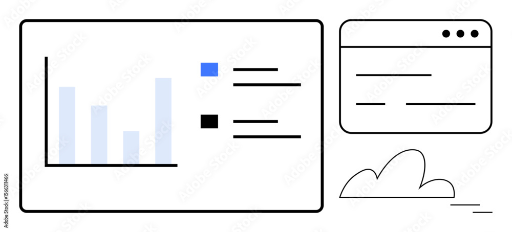 Poster bar chart comparing data, task list, and browser window display combined with a cloud icon. ideal fo