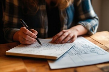 Fototapeta premium Creative Planning: Woman Drawing or Engineering Blueprints