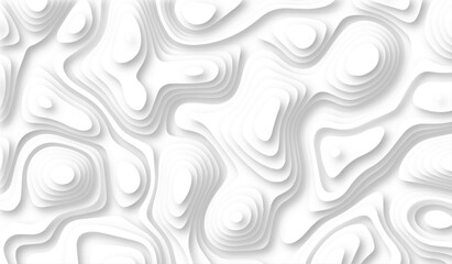 Abstract wavy line paper cut white background. Topographic geometric map relief texture with curved layers and shadow. Abstract realistic papercut decoration textured with wavy layers.