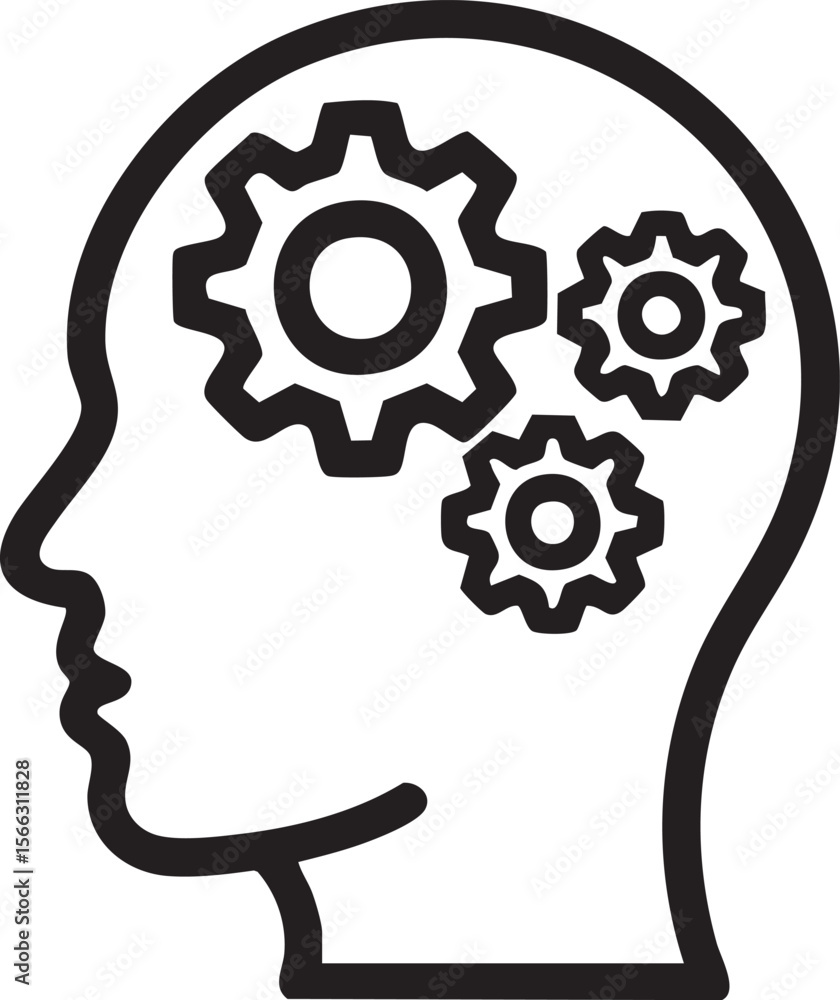 Poster human head with gears icon representing thinking intelligence innovation brainstorming creativity kn