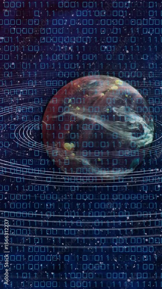 Poster animation of navy planet in black space with binary code