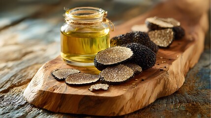 Vivid Rustic Presentation of Elegant Sliced Black and White Truffle and Glass Jar of Golden Oil on a Wooden Board in a Naturally Textured Kitchen Setting