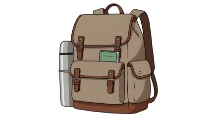 Backpack with Thermos and Notepad Illustration