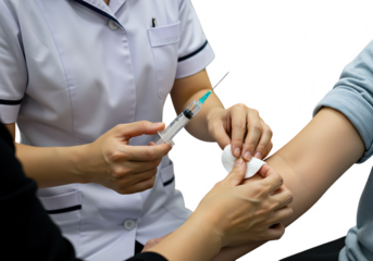 A nurse prepares a syringe for injection while holding a cotton swab near a patients arm, isolated on transparent background