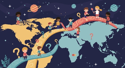 Naklejka premium Children exploring the world map journey with space elements