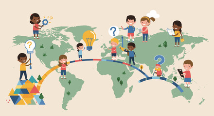 Diverse children with global map and learning concept