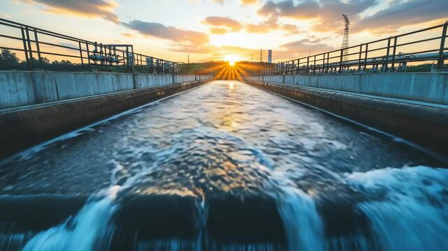 Golden Sunset Reflections Over Flowing Water at a Large Industrial Treatment Facility, high technology industry