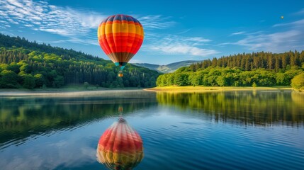湖に浮かぶカラフル気球と静寂の朝