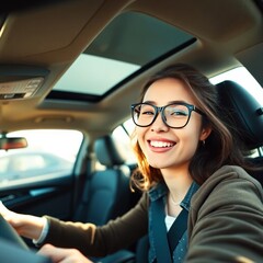 Happy Traveler: Smiling Woman Driving Car on Sunny Day
